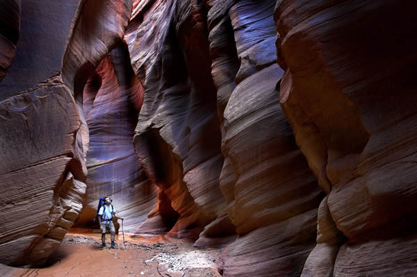 Trekking in a slot canyon